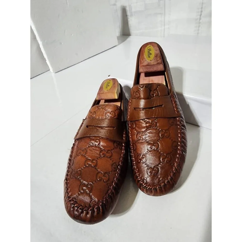 Authentic Gucci Cognac Leather Upper Geometric Loafers Brown Size 5.5 - Picture 5 of 16